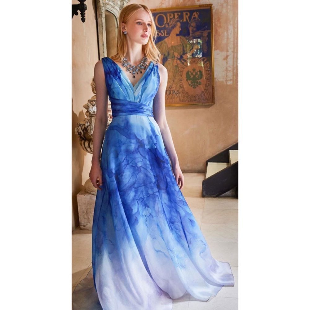 Marchesa Notte V-Neck Printed Organza Gown